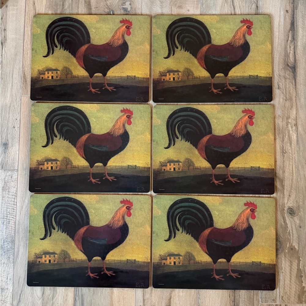 Set of 6 Vintage Pimpernel Rooster Placemats Emma Baker Signed + Cutting Board - Picture 3 of 5